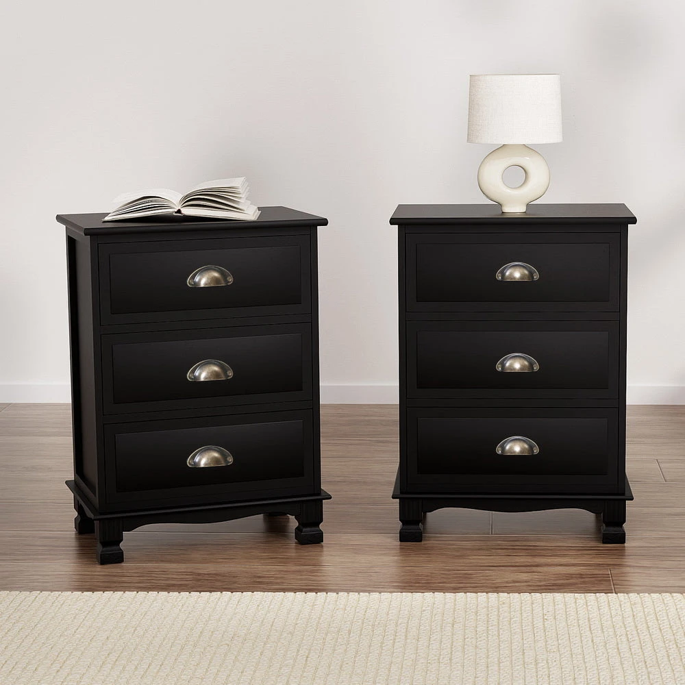 2x Bedside Table 3 Drawers Vintage - THYME Black 8 2x Bedside Table 3 Drawers Vintage - THYME Black - Image 8