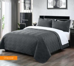 3 Piece Embossed Comforter Set King Charcoal
