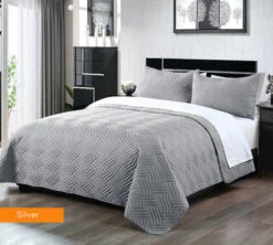 3 Piece Embossed Comforter Set King Silver