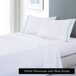 Soft Microfibre Embroidered Stripe Sheet Set King White Pillowcase Blue Stripe