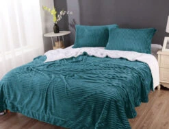 Stripe Flannel Sherpa Blanket Queen Teal