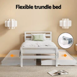 Avis Wooden Trundle Single Bed Frame White -Home Luxe Store WBED AVIS S WH AB 150733 04