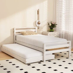Avis Wooden Trundle Single Bed Frame White