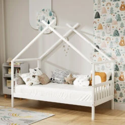 Single Size House Bed Frame For Kids – Montessori Style (White)