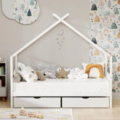 Single Size House Bed Frame With Storage Drawers – Montessori Style (White) -Home Luxe Store WBED G CABIN S WH DRAW 202506041208 05
