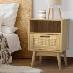 Rattan Bedside Table With 1 Drawer And Shelf - Oak -Home Luxe Store artiss rattan bedside table 1 drawer with shelf rei oak furniture bedroom bedside tables bedzy australia 295547