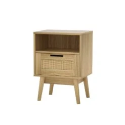 Rattan Bedside Table With 1 Drawer And Shelf - Oak