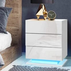 Bedside Tables Side Table RGB LED Lamp 3 Drawers Nightstand Gloss White -Home Luxe Store bedside tables side table rgb led lamp 3 drawers nightstand gloss white bedzy australia 525275