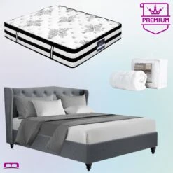 Double Premium Package | Altona Bed Grey, Algarve Euro Top Mattress (Medium Firm) & Pillowtop Mattress Topper!