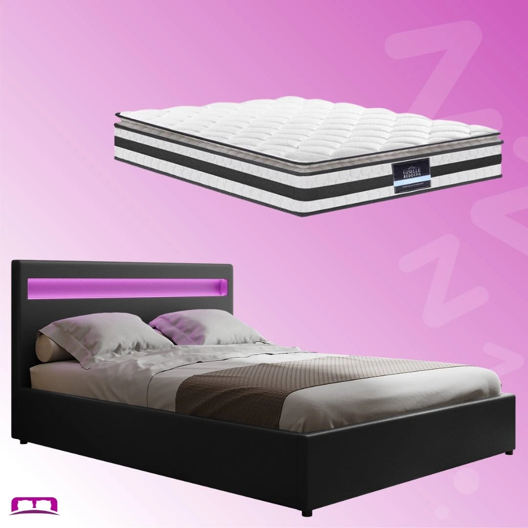 Double Package | Wanda LED Bed Black & Normay Series Pillow Top Mattress (Medium Firm) 1 Double Package | Wanda LED Bed Black & Normay Series Pillow Top Mattress (Medium Firm)