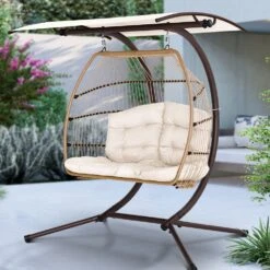 Double Wicker Hanging Swing Chair With Stand Latte -Home Luxe Store double wicker hanging swing chair with stand latte bedzy australia abn 18 642 972 209 359617