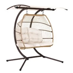 Double Wicker Hanging Swing Chair With Stand Latte