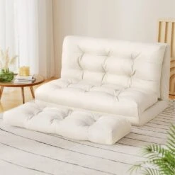 Floor Lounge Sofa Bed 2 Seater Pillow Leather White -Home Luxe Store floor lounge sofa bed 2 seater pillow leather white furniture living room bedzy australia 964314