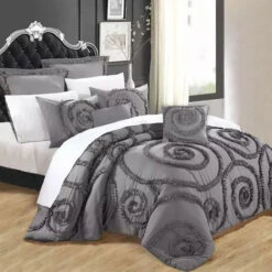 Floral Ruffled Charcoal 7 Pcs Deluxe Comforter Set Queen