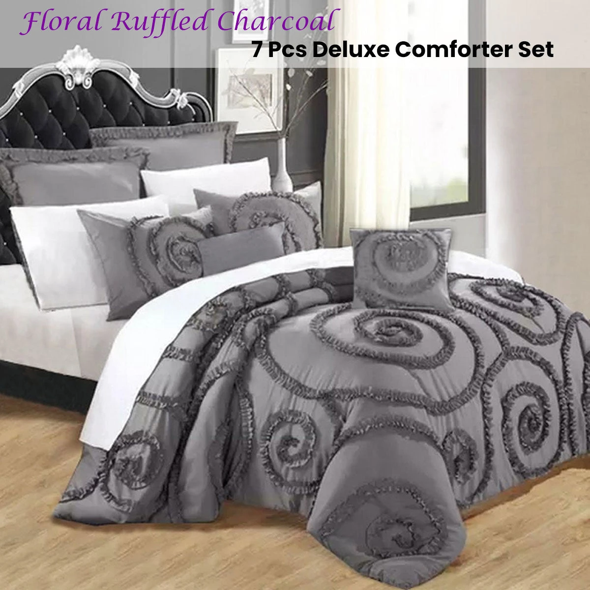 Floral Ruffled Charcoal 7 Pcs Deluxe Comforter Set Queen 2 Floral Ruffled Charcoal 7 Pcs Deluxe Comforter Set Queen - Image 2