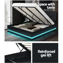 Henley King Gas Lift Storage Bed Frame With LED Lights – Black -Home Luxe Store henley led storage king bed frame black bedzy australia 833288