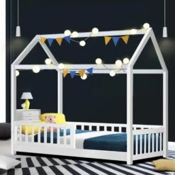 Kids Wooden House Style Single Bed Frame With Side Rails - White -Home Luxe Store kids rock wooden single bed frame white bedzy australia 275107