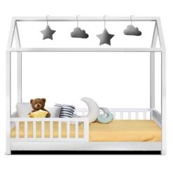 Kids Wooden House Style Single Bed Frame With Side Rails - White -Home Luxe Store kids rock wooden single bed frame white bedzy australia 277627