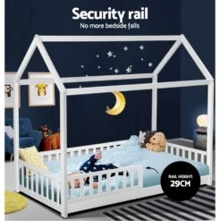 Kids Wooden House Style Single Bed Frame With Side Rails - White -Home Luxe Store kids rock wooden single bed frame white bedzy australia 654678
