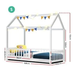 Kids Wooden House Style Single Bed Frame With Side Rails - White -Home Luxe Store kids rock wooden single bed frame white bedzy australia 850301