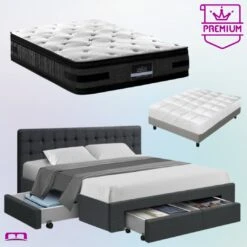King Premium Package | Trinity Bed Charcoal, Luna Series Euro Top Mattress (Medium Firm) & Bamboo Mattress Topper!