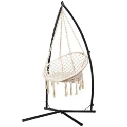 Outdoor Hammock Chair With Steel Stand Cotton Swing Hanging 124CM Cream