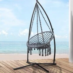 Outdoor Hammock Chair With Steel Stand Cotton Swing Hanging 124CM Grey -Home Luxe Store outdoor hammock chair with steel stand cotton swing hanging 124cm grey bedzy australia abn 18 642 972 209 686617