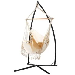 Outdoor Hammock Chair With Steel Stand Tassel Hanging Rope Hammock Cream