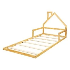 Pine Wood House Shaped Single Floor Bed Natural -Home Luxe Store pine wood floor bed house frame for kids and toddlers furniture bedroom bedzy australia 438082