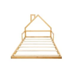 Pine Wood House Shaped King Single Floor Bed Natural -Home Luxe Store pine wood floor bed house frame for kids and toddlers furniture bedroom bedzy australia 633571