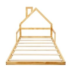 Pine Wood House Shaped Single Floor Bed Natural -Home Luxe Store pine wood floor bed house frame for kids and toddlers furniture bedroom bedzy australia 779919