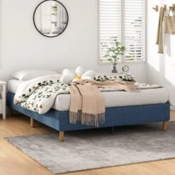 Queen Metal Bed Frame Mattress Foundation - Blue -Home Luxe Store queen metal bed frame mattress foundation blue furniture bedroom bedzy australia 678142