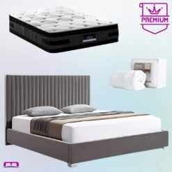 Queen Premium Package | Bedzy Luxe Hillsdale Bed Frame Grey, Luna Series Euro Top Mattress (Medium Firm) & Bamboo Mattress Topper!