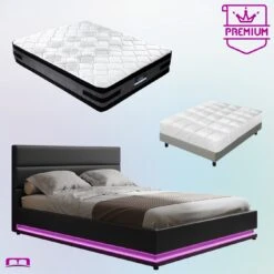 Queen Premium Package | Henley LED Storage Queen Bed Frame Black, Luna Series Euro Top Mattress (Medium Firm) & Bamboo Mattress Topper!