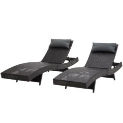 Set Of 2 Wicker Outdoor Sun Loungers Black