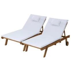 Set Of 2 Wooden Sun Loungers Wheel Patio White