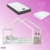 Single Package | Amos House Shaped Wooden Floor Bed Frame White, Alzbeta Mattress (Medium Firm) & Waterproof Bamboo Mattress Protector