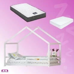 Single Package | Amos House Shaped Wooden Floor Bed Frame White, Alzbeta Mattress (Medium Firm) & Waterproof Bamboo Mattress Protector