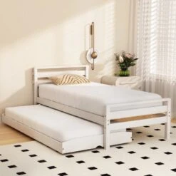 Single Package | Avis Wooden Trundle Bed Frame White, Bonita Pillow Top Mattress (Medium Firm) & Alessio Series Trundle Mattress (Medium Firm) -Home Luxe Store single package avis wooden trundle bed frame white bonita pillow top mattress medium firm alessio series trundle mattress medium firm bedzy australia 943512