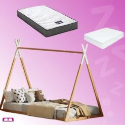 Single Package | Low-set Teepee Style Floor Bed Frame, Alzbeta Mattress (Medium Firm) & Waterproof Bamboo Mattress Protector