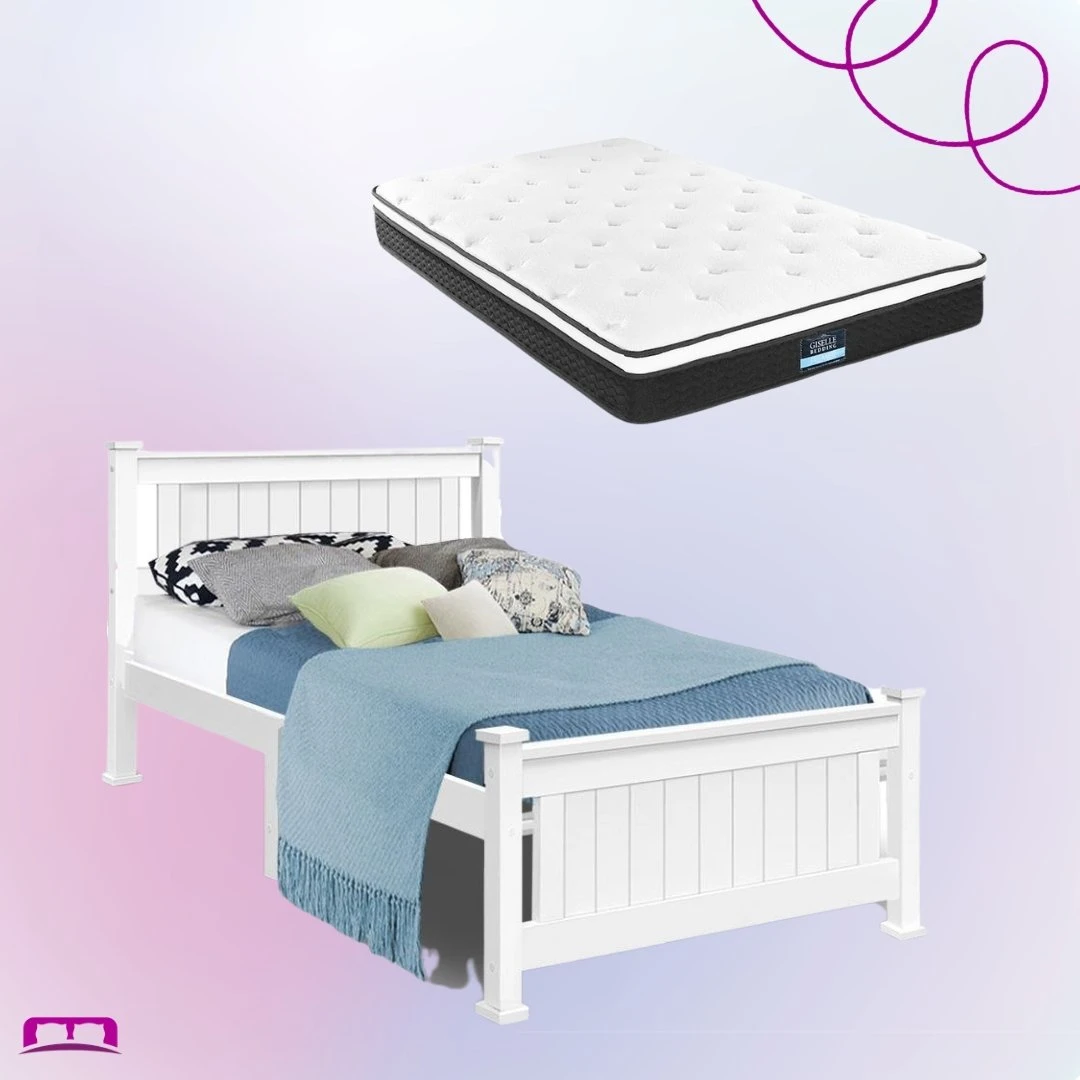 Single Package | Cottesloe Wooden Bed White & Bonita Pillow Top Mattress (Medium Firm) 1 Single Package | Cottesloe Wooden Bed White & Bonita Pillow Top Mattress (Medium Firm)
