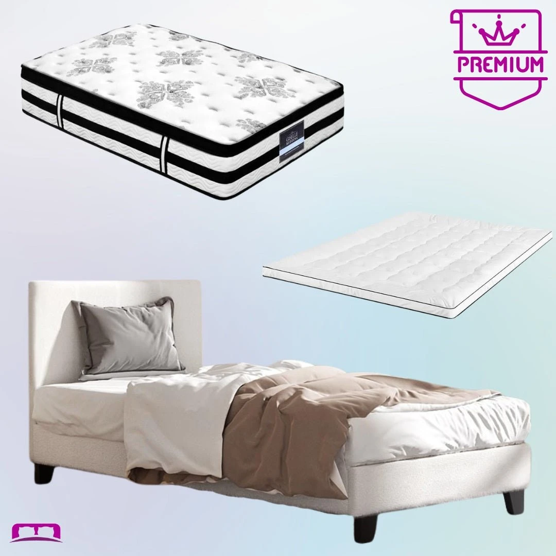 Single Premium Package | Coogee Bed Frame Cuddly White Bouclé, Algarve Euro Top Pocket Spring Mattress (Medium Firm) & Pillowtop Mattress Topper 1 Single Premium Package | Coogee Bed Frame Cuddly White Bouclé, Algarve Euro Top Pocket Spring Mattress (Medium Firm) & Pillowtop Mattress Topper