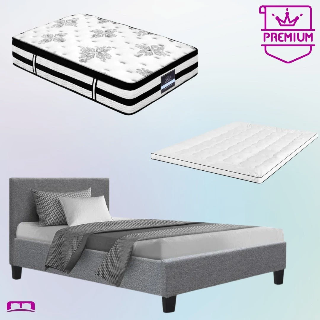 Single Premium Package | Coogee Bed Frame Grey, Algarve Euro Top Pocket Spring Mattress (Medium Firm) & Pillowtop Mattress Topper 1 Single Premium Package | Coogee Bed Frame Grey, Algarve Euro Top Pocket Spring Mattress (Medium Firm) & Pillowtop Mattress Topper