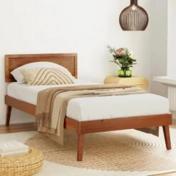Single Premium Package | Splay Wooden Bed Frame Walnut, Algarve Euro Top Pocket Spring Mattress (Medium Firm) & Pillowtop Mattress Topper -Home Luxe Store single premium package splay wooden bed frame walnut algarve euro top pocket spring mattress medium firm pillowtop mattress topper bedzy australia 145391