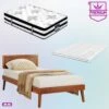 Single Premium Package | Splay Wooden Bed Frame Walnut, Algarve Euro Top Pocket Spring Mattress (Medium Firm) & Pillowtop Mattress Topper