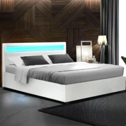 Wanda Queen Gas Lift Storage Bed Frame With LED Lights – White -Home Luxe Store wanda led storage queen bed frame white bedzy australia 523430